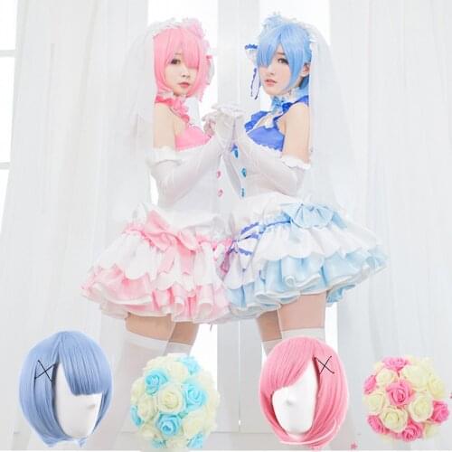 Anime! Re:Life In A Different World From Zero Ram Rem Wedding Dress Uniform Cosplay Costume full set Cosplay Ram Re party Dress