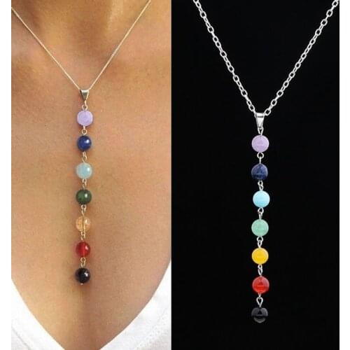 7 Chakra Reiki Beads Healing Gemstone Charms Pendant Yoga Balancing Necklace Lapis/Turquoise/Amethyst/Jade