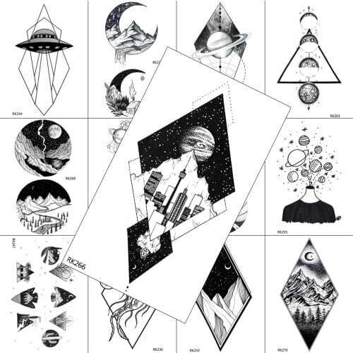 Black Geometric City Waterpoof Tattoos Mountain Planets Body Art Arm Chest Tattoos Sticker For Adult Fake Temporary Tattoo Decal