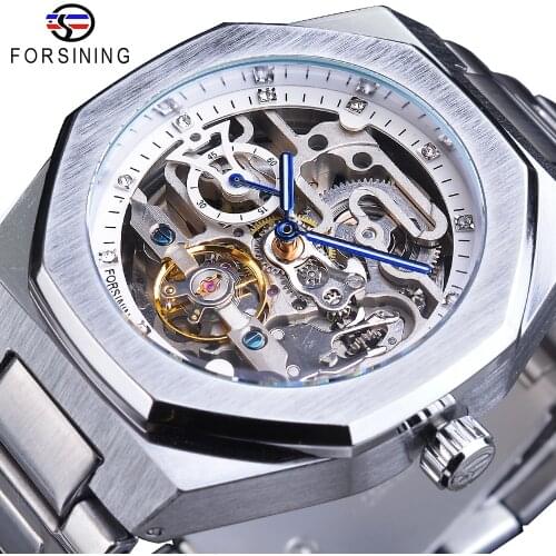 Forsining Mechanical Men Watch Tourbillon Skeleton Wrist Watches Automatic Silver Stainless Steel Waterproof Clock Reloj Hombre