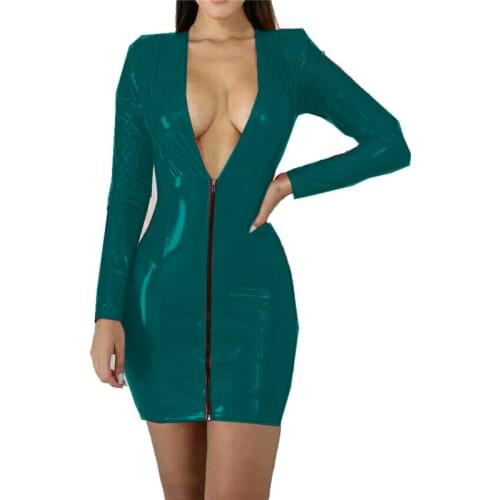 Faux Leather Deep V Long Sleeve Bodyocn Dresses Plus Size Party Club Wear Elegant Sexy Dress Wetlook PVC Package Hip Dress 7XL