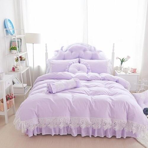Princess Bedding Set King Queen Size 100%Cotton Purple Lace Duvet Cover Bedspread Bed Skirt Pillowcases Solid Color Home Textile