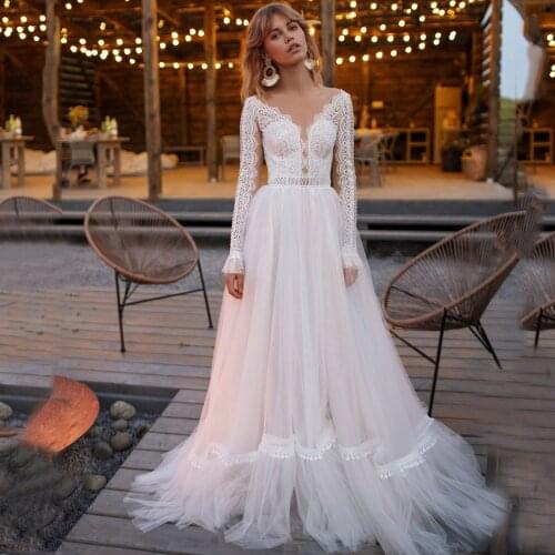 Scoop Long Sleeve Appliques Lace Sheer Back A-Line Wedding Dress 2021 Vestido De Noiva Bridal Gown