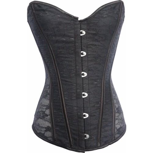 Floral lace pattern metal busk clips lace cord back steel boned steel boned corset bustiers with G string S-2XL817