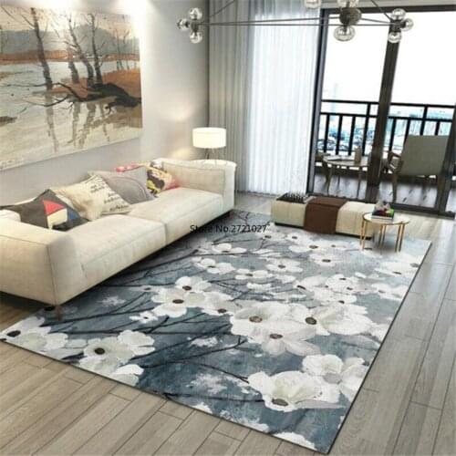 White Flower Pattern Soft Washable Carpet Living Room Fresh Oil Painting Style Carpet Bedroom Kitchen Non-slip Mat