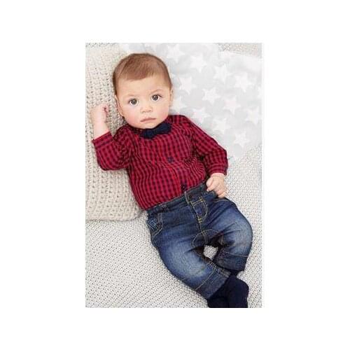 New Fashion Gentleman Style Cute Baby Boys Clothing Set Red Plaid Rompers Shirts Bow+Casual Jeans