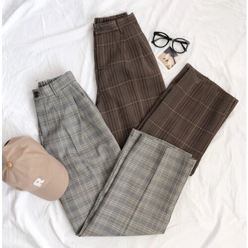 Autumn Elegant Plaid High Waist Pants Women Vintage Casual Pockets Straight Pants Ladies Streetwear Loose Trousers Female 2021