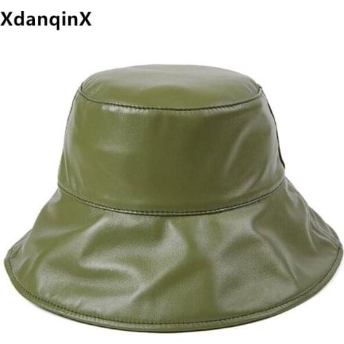 XdanqinX autumn womens genuine leather cap natural sheepskin leather Bucket Hats New black caps elegant ladies casual brand hat
