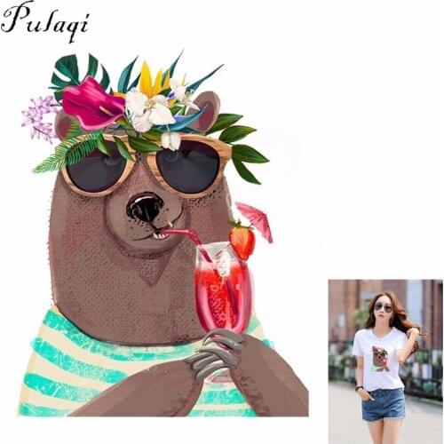Pulaqi Summer Beach Bear Iron-On Heat Transfers Vinly For Clothing DIY Cool Drink Patches Thermal Transfer Parch Accessories E
