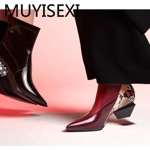 Mixed colors genuine leather pointed toe 6cm high strange style heels sweet office work lady European ankle boots HL322 MUYISEXI