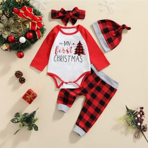 4Pcs Christmas Baby Girls Boys Outfit Set Tree Letter Printing Long Sleeve Romper+Plaid Pants+Cap+Headwear Cotton Infant Clothes