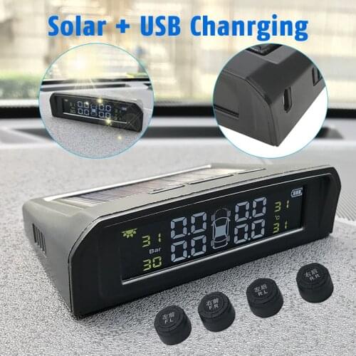 USB+Solar Car Digital TPMS Tire Pressure Alarm Monitor System 4 External Sensors New Auto Security Alarm Systems
