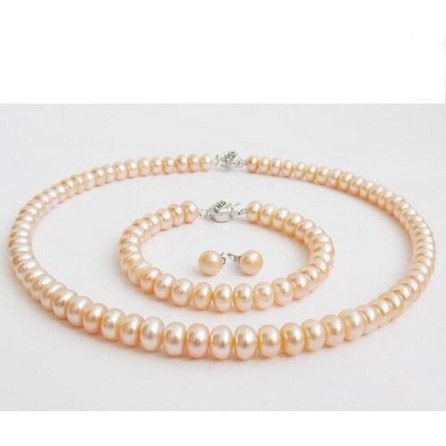 Wedding Woman Jewelry Set Pink Pearl 9-10mm AAA Natural Freshwater Pearl Necklace Bracelet Earring Rose Flower Clasp Free Box