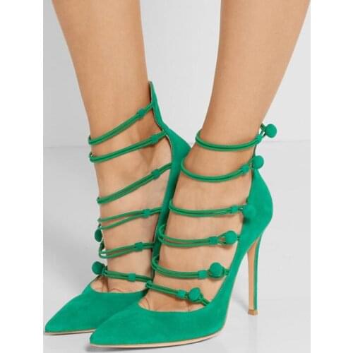 Fashion Grass Green Suede Leather Women Pointed Toe Pumps Stretch Straps Ladies Button High Heels Spring Hot Female Dress Shoes