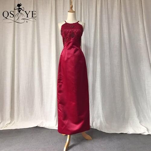 QSYYE Dark Red Pearls Prom Dress Plus Size Satin Straight Evening Gown Halter Neck Burgundy Formal Party Dress Ankle Length