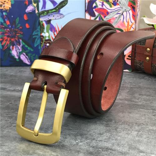 Vintage Brass Belt Buckle Genuine Leather Belt Male Ceinture Yellow Belt Cowboy Jeans Men' Belt Long 130cm Waist Belt MBT0006