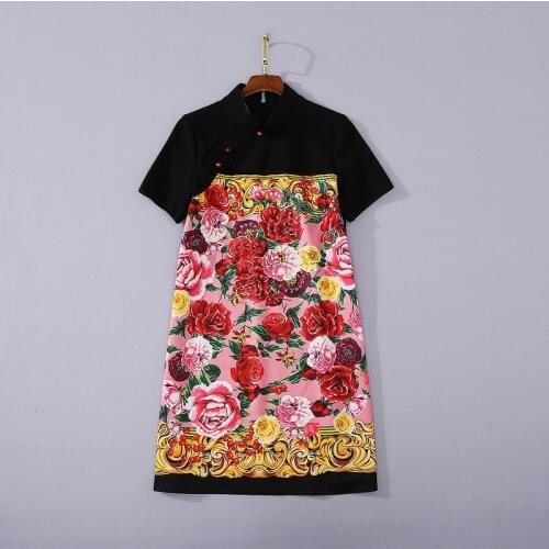 American European womens and wear 2021 summer new style With short sleeves Stitching flower printed bead Fashionable dress
