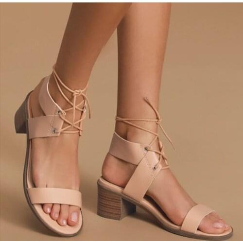 Womens Sandals 2021 Lace Up Square Heels Summer Shoes For Women Party Female Casual Pumps Ladies Big Size Footwear