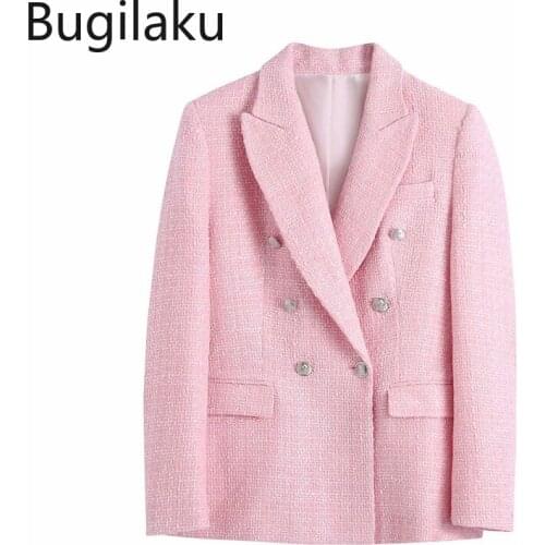Bugilaku Office Ladies Plaid Blazer Turn Down Collar Long Sleeve Casual Tops Double Breasted Loose Suit High Street Chic Jackets