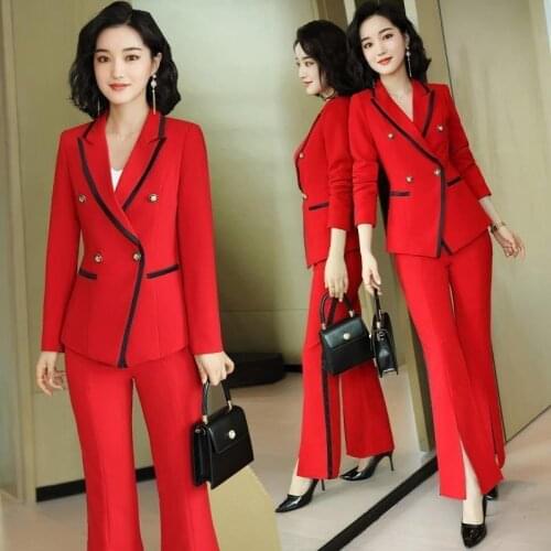 2021 Spring Autumn New Women Office Two Piece Set Female Double-breasted Blazer + OL Flare Pant Suits Lady Casual Solid Set N259