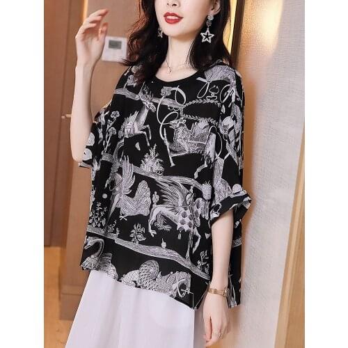 Silk top women 2021 spring new loose bat shirt European goods retro printing fashion t-shirt