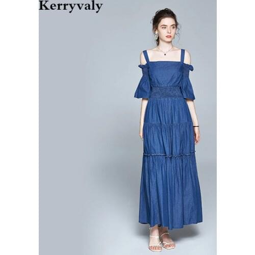 Summer Denim Off Shoulder Strapless Sexy Long Runway Dresses 2021 Women High Quality Halter Maxi Dress Robe Longue Femme K3126