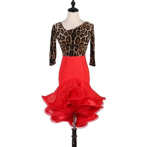 Customize Leopard Red Latin Dance Dresses For WomanS Professional Ballroom Salsa Samba Dancing Clothes Stage Dance Wear DL4553