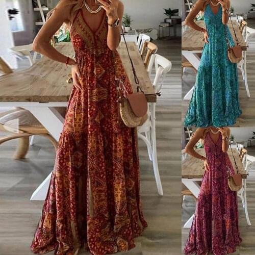 Summer Dress Vintage Print Spaghetti Strap Bohemian Sleeveless Backless Deep V Neck Dress for Beach