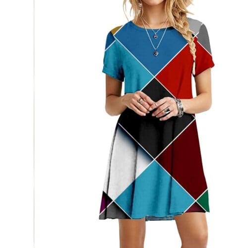 Short Sleeve Multicolor Square Print Loose Dress Women Summer New A-line Plus Size Casual Elegant O-neck Pullover Ladies Dresses