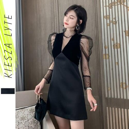 Women Party Dress Spring 2020 Stand collar Perspective Fishnet Mesh sexy patchwork Ladies Long Sleeve Clubwear Mini Dresses