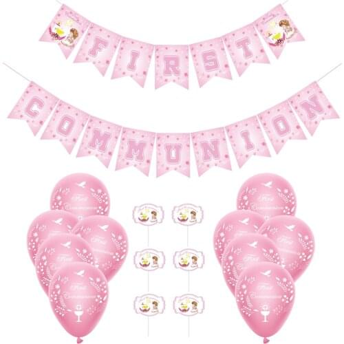1Set Pink First Communion Banner Holy Grail Balloons Cake Toppers Girls Baptism Party Decoration Supplies