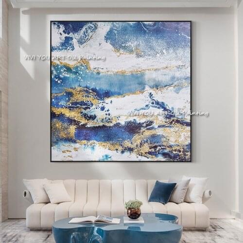 Pure 100% Hand-painted High Quality Abstract Blue and Golden Oil Painting on Canvas Large Size Water Style for Home Decoration