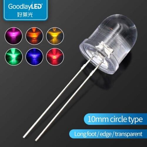 1000PCS Led F10 / 10 mm round head transparent long leg edge white red blue green yellow Light Emitting Diode