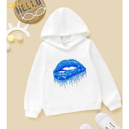 2021 Spring Autumn Winter ChildrenS Sweatshirts Cute Fashion Blue Glitter Lips Print Hoodie Girls Clothes Kids Pullovers
