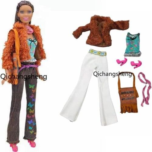 6 items/Set Fashion 1/6 BJD Doll Accessories For Barbie Clothes Outfits Brown Fur Coat & Pants & Bag & Scarf & Tank & Shoes Toys