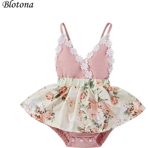 Blotona Baby Floral Print Short Bodysuit Skirt, Girls Sleeveless Backless V-neck Sling Jumpsuit for Summer. 0-24Months