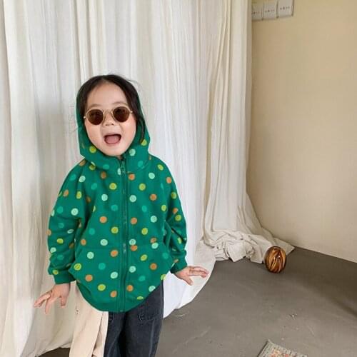 Childrens Coat Autumn 2021 Korean Boys and Girls Cute Dot Pattern Hooded Long Sleeve Color Sweater Coat Childrens Pullover Top