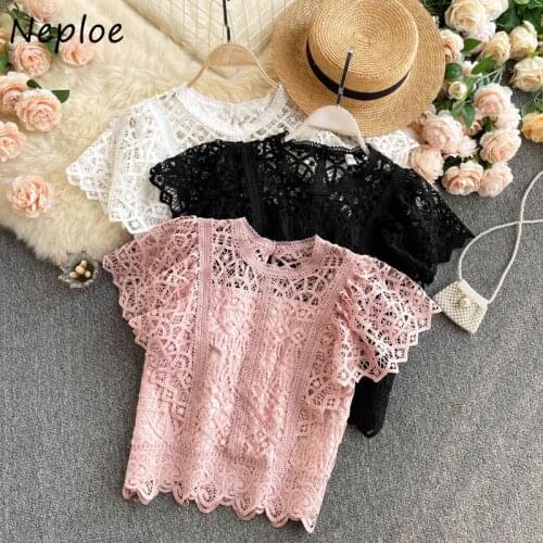 Neploe Elegant Lace Hollow Out Design Slim Blouse Women O Neck Flying Short Sleeve Solid Blusas Summer 2021 New Shirt Feminino