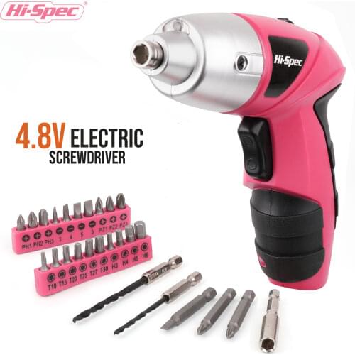 Hi-Spec Pink 4.8V Cordless Electric Screwdriver Wireless Cordless Drill Driver Battery Screwdriver Gun Power Tool with LED Light