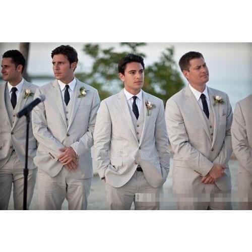 Custom wedding suits Summer Men Suits Beach Grey Linen Suits Notched Lapel men grooms tuxedos slim fit suits(Jacket+Pants+vest)