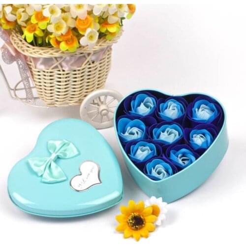 Artificial Scented Rose Petal, Bouquet Heart Shape Gift Box ,Bath Body Flower Soap Gift 9Pcs