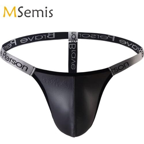 Mens Sexy T-back Thongs Panties Low Waist Letter Print Elastic Waistband Underwear Faux Leather Bulge Pouch G-string Briefs