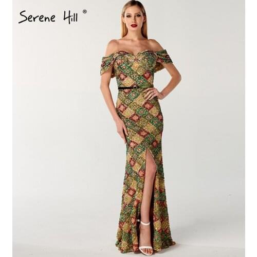 Latest Design Off Shoulder Sexy Evening Dresses Multicolored Sequins Luxury Split Front Evening Gowns Serene Hill BLA60804