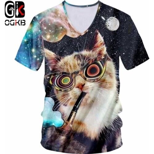 OGKB Men V Neck Tshirt Funny Print Animal Cat 3D T-shirts Galaxy Space T Shirts Man Hiphop Quick Dry Tee Shirts Casual T Shirt