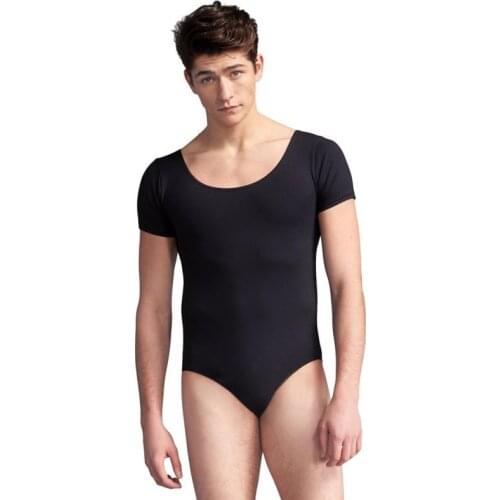 OVIGILY Mens Short Sleeve Leotard Round Neckline Bodysuits Adults Spandex Nylon Black Gymnastics Leotards Dancewear