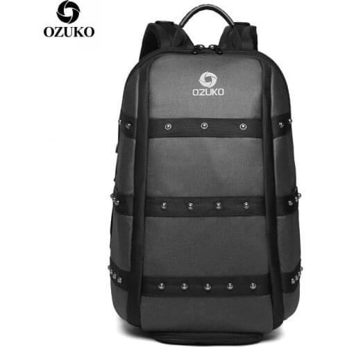 OZUKO mens waterproof backpack panel rivet laptop bag large capacity business travel backpack creative multi-function Backpack