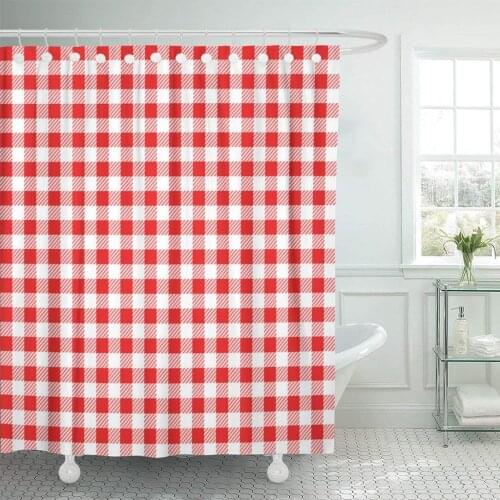 Woven Red and White Gingham Abstract Checkered Diagonal Flannel Shower Curtain Waterproof Polyester Fabric 72 x 72 Inches Set