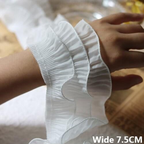 7.5CM Wide White Black Three Layers Pleated Chiffon Fabric Lace Collar Elastic Ruffle Trim Embroidery Ribbon Sewing Fringe Decor