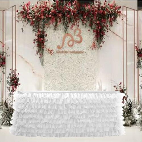 Wedding Party Table Skirt Solid Color Design with Wooden Ears Multi-Layer Tulle Pressing Fitting Reusable Table Decoration