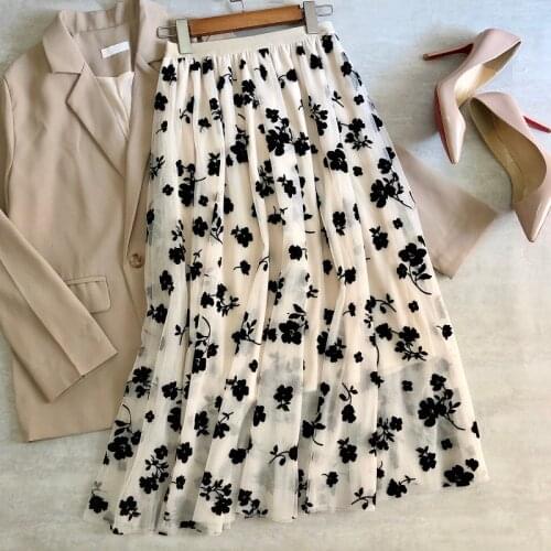 Spring Summer Women Mesh Long Skirts Fleece Floral Embroidery Elegant Lady Tulle Skirt High Waist Flower A-line Midi Skirt